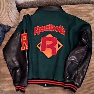 Vintage Reebok Men's Green and Black Bomber Jacket